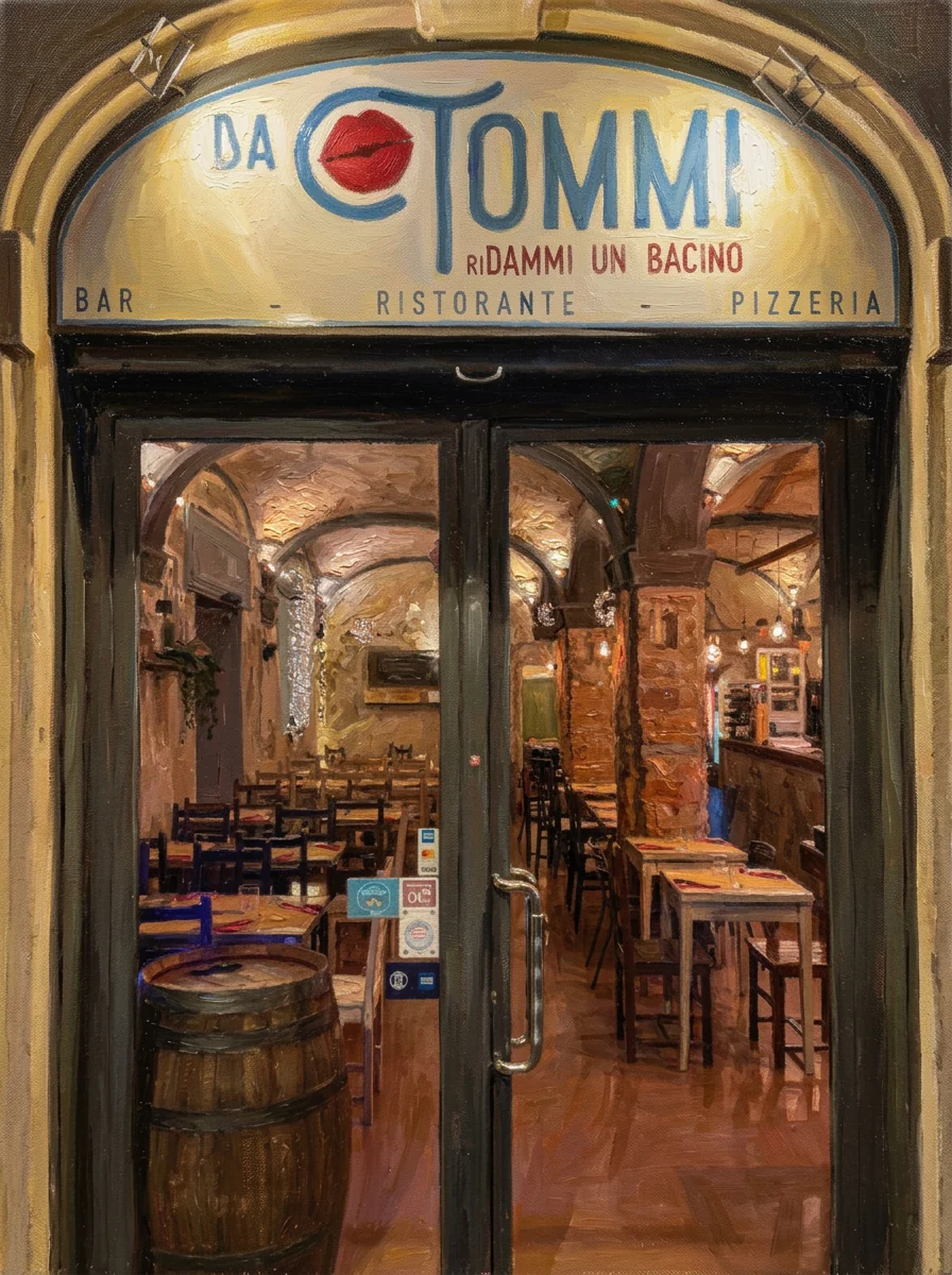 Dipinto dell’ingresso di Da Tommi: la porta a vetri sotto l’insegna, con la sala illuminata e le volte in mattoni